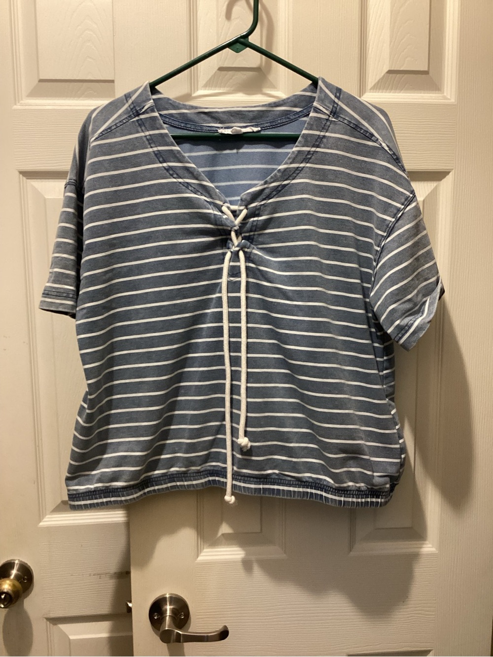 Jane and Delancey Blue and White Striped Lace-Up Short Sleeve Top